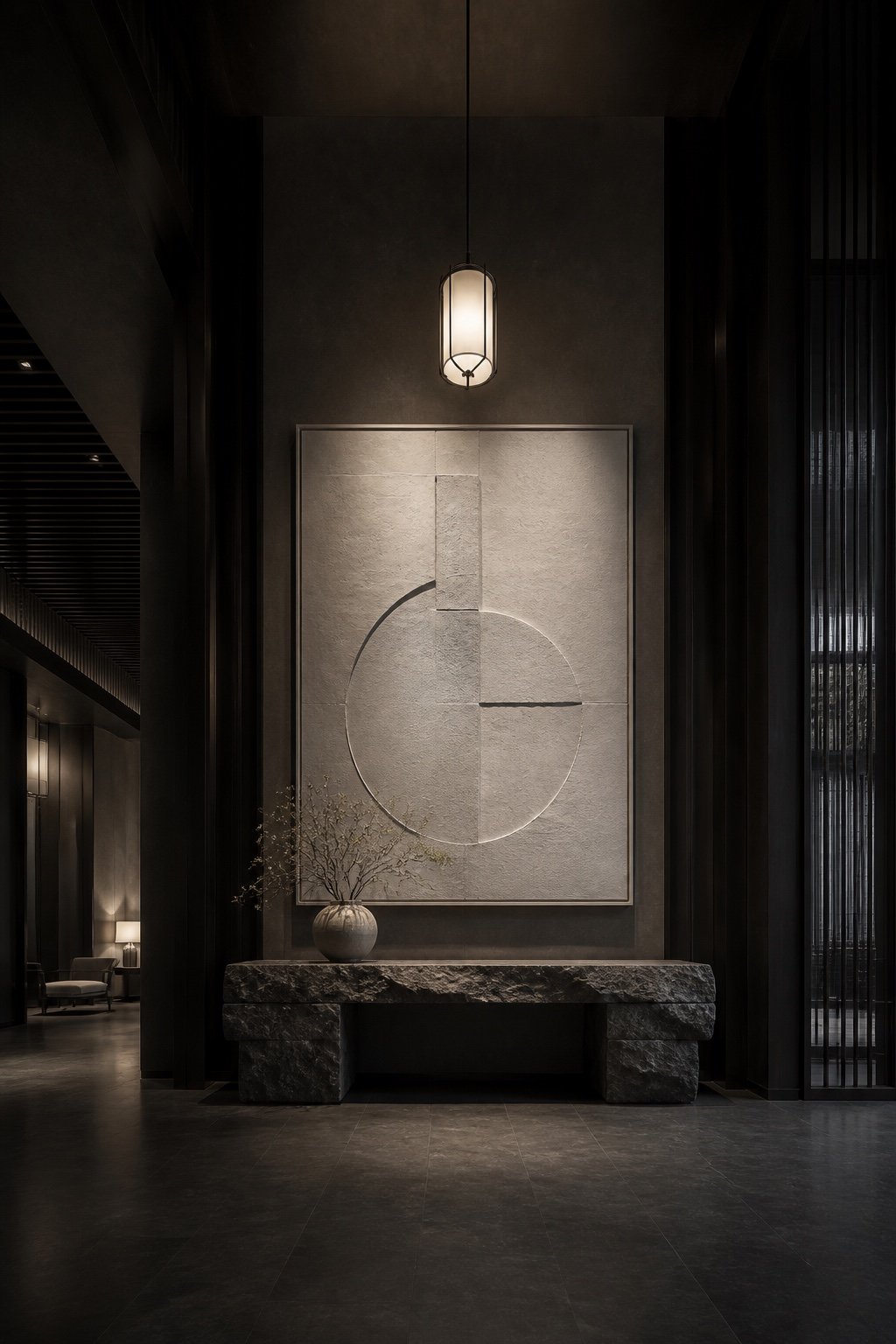 Dark hotel lobby with sculptural artwork