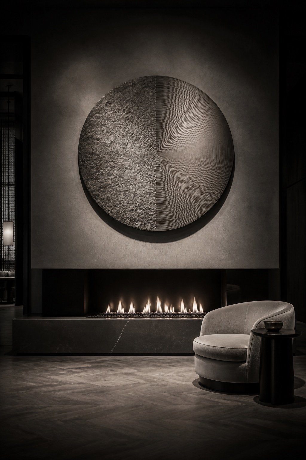 Hotel lounge with circular wall artwork