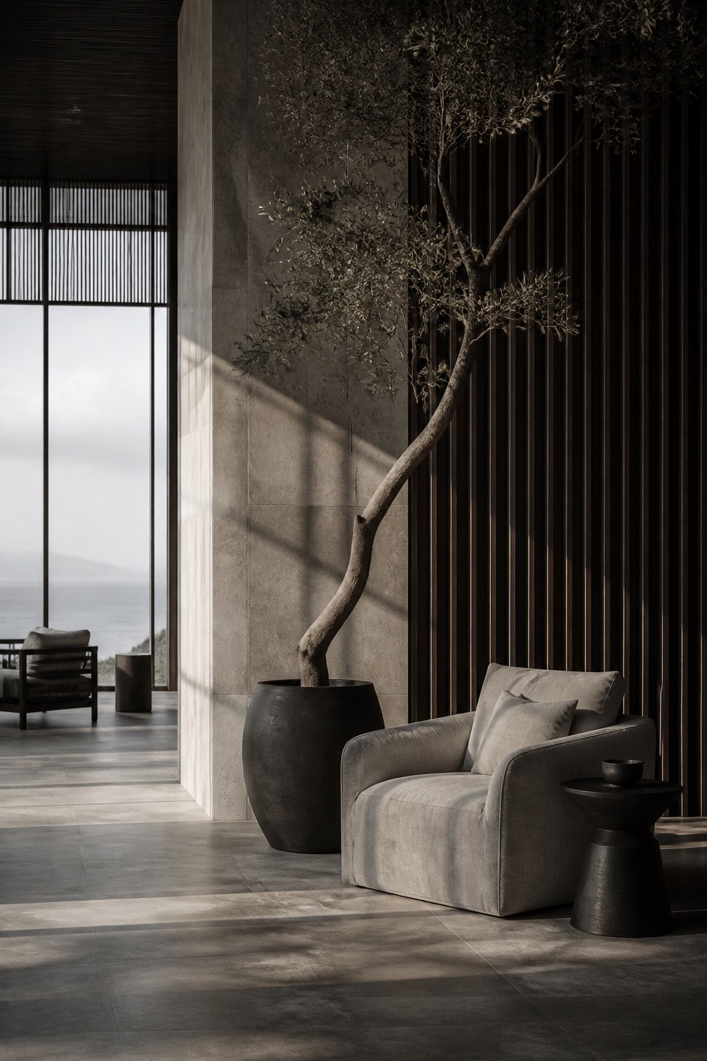 Contemporary reading lounge with sculptural tree